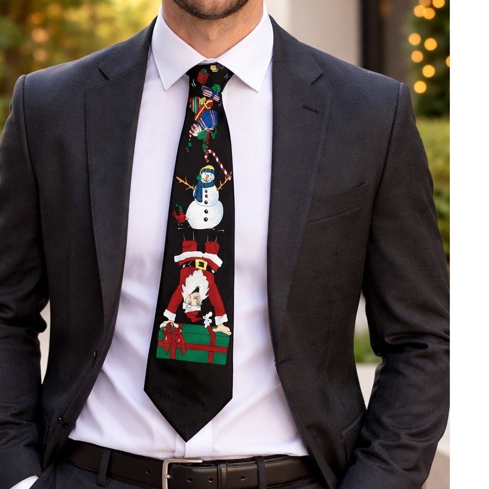 Hallmark Yule Tie Greetings Santa Snowman‎ Necktie Mens Black Christmas Novelty